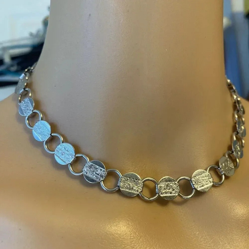 Vintage SAC Italian Silver Finish Chain Tennis Necklace Chocker Circle Art Decor